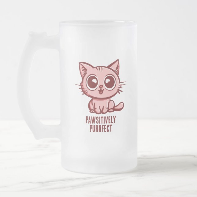 Pawsitively Purrfect, Beautiful Manga Kitten Frosted Glass Beer Mug (Left)