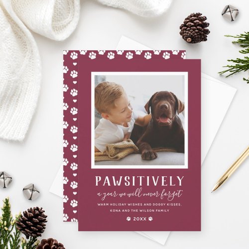 Pawsitively Unforgettable Year Burgundy Dog Photo Holiday Card