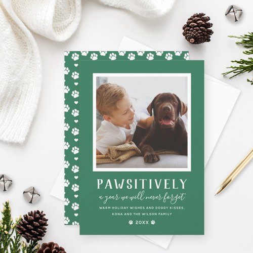 Pawsitively Unforgettable Year Green Dog Photo Holiday Card