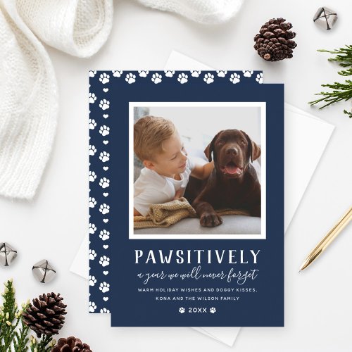 Pawsitively Unforgettable Year Navy Dog Photo Holiday Card