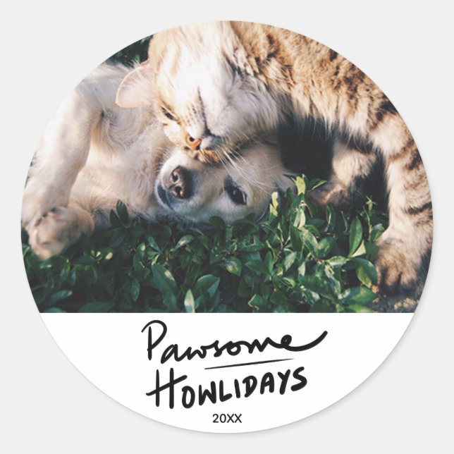 Pawsome Howlidays | Funny Dog Themed Holiday Photo Classic Round Sticker (Front)