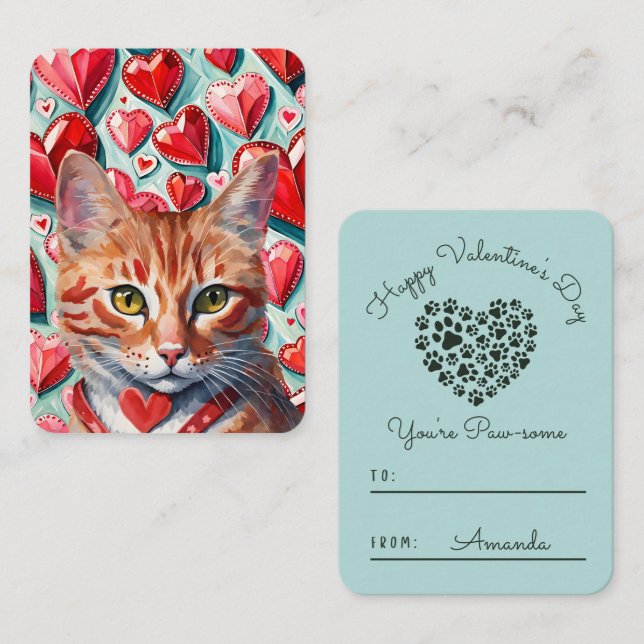 'Pawsome' Orange Tabby Cat Classroom Valentine Note Card (Front/Back)