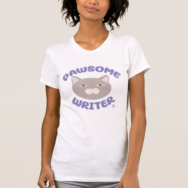  Pawsome Writer Fun Cat Cartoon T-Shirt (Front)