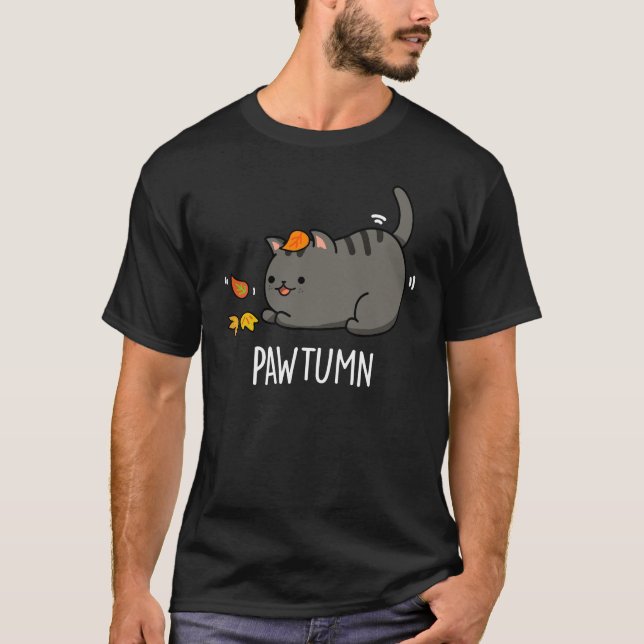 Pawtumn cute Autumn Kitty Cat Pun Dark BG T-Shirt (Front)