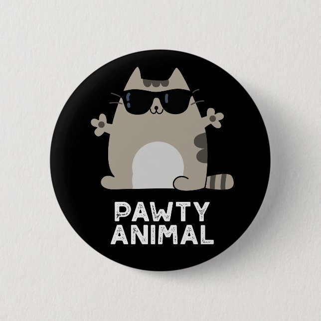 Pawty Animal Funny Party Cat Pun Dark BG Button (Front)
