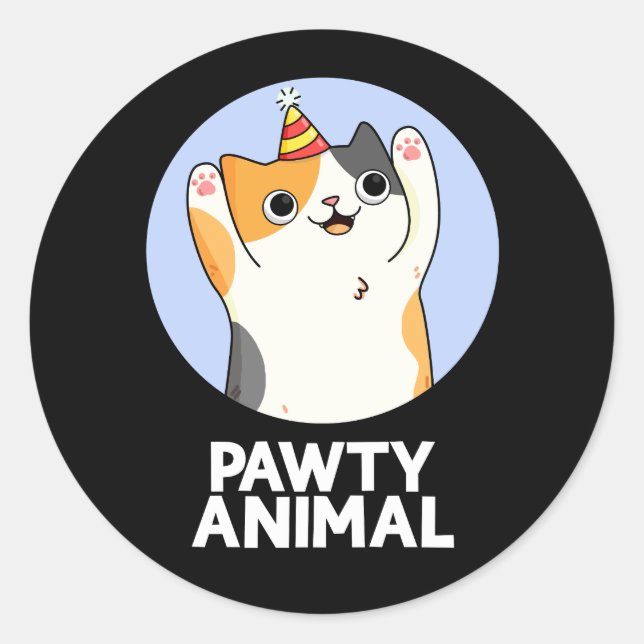 Pawty Animal Funny Party Cat Pun Dark BG Classic Round Sticker (Front)