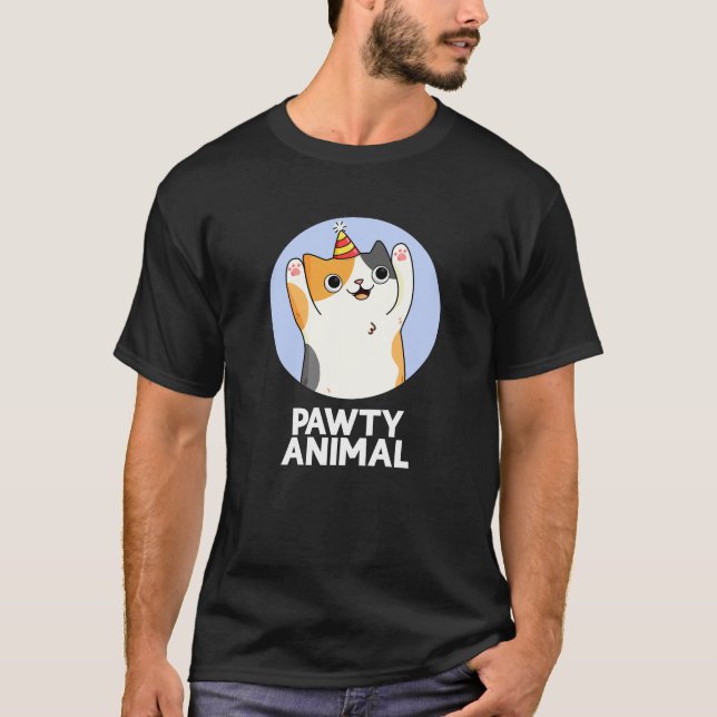 Pawty Animal Funny Party Cat Pun Dark BG T-Shirt (Front)