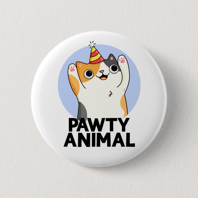 Pawty Animal Funny Party Hat Cat Pun  Button (Front)