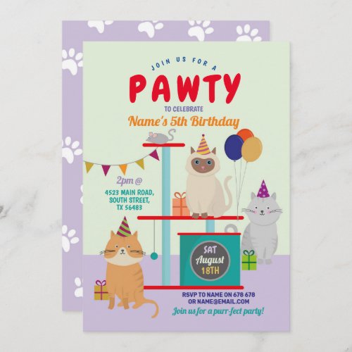 Pawty Birthday Cat Kitten Paw Fun Purple Invitation