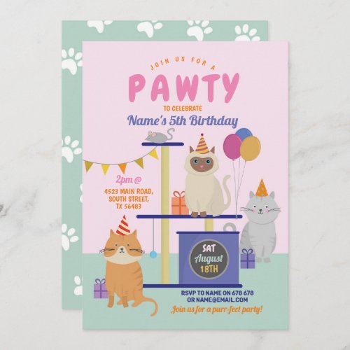 Pawty Birthday Cat Kitten Paw Girls Fun Invitation