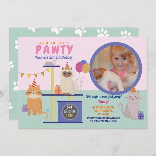 Pawty Birthday Cat Kitten Paw Girls Fun Photo Invitation