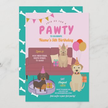 Pawty Birthday Dogs Party Puppy Fun Pink Invitation by WOWWOWMEOW at Zazzle