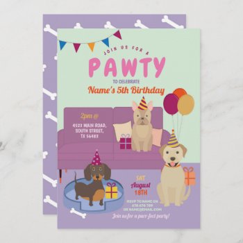 Pawty Birthday Dogs Party Puppy Fun Purple Invitation by WOWWOWMEOW at Zazzle