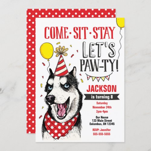 Pawty Birthday Invitation Dog Puppy Husky