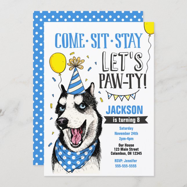 Pawty Birthday Invitation Dog Puppy Husky (Front/Back)