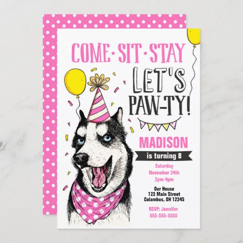 Pawty Birthday Invitation Dog Puppy Husky Girl