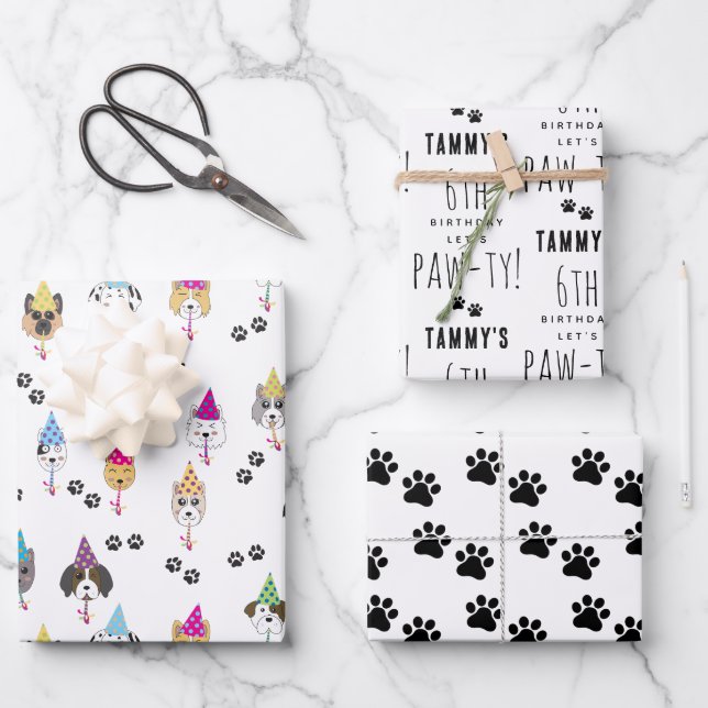 Pawty Cute Birthday Party Dogs Custom Name Age Wrapping Paper Sheets (Front)
