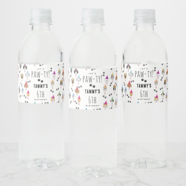 Pawty Cute Birthday Party Dogs Water Bottle Label (Bottles)