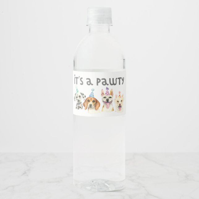 Pawty Dog Birthday Puppy Water Bottle Label (Front)