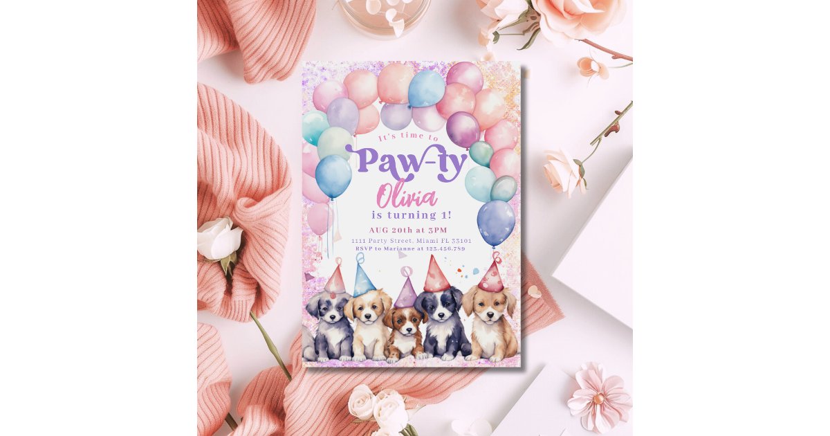 Pawty Puppy Birthday Invitation Dog Party Girl | Zazzle