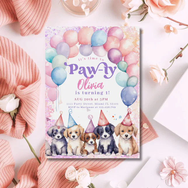 Pawty Puppy Birthday Invitation Dog Party Girl | Zazzle
