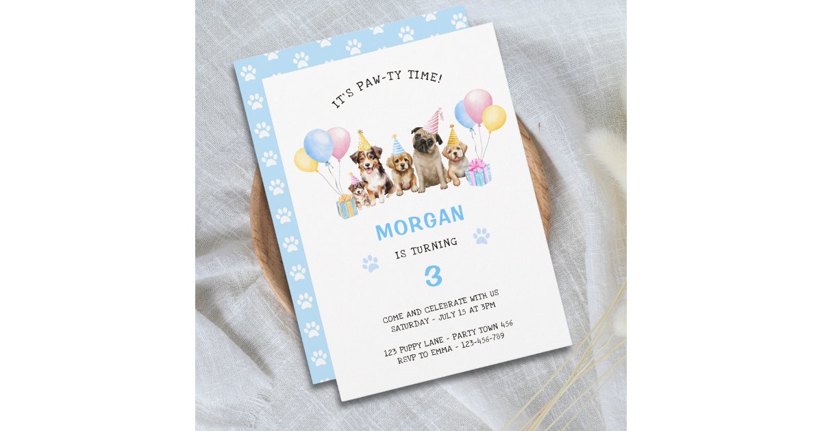 Pawty Puppy Dog Birthday Party Blue Invitation | Zazzle