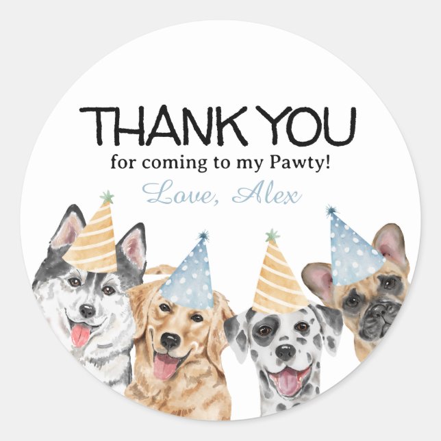 Pawty Puppy Dog Thank You Birthday Party favor Classic Round Sticker (Front)