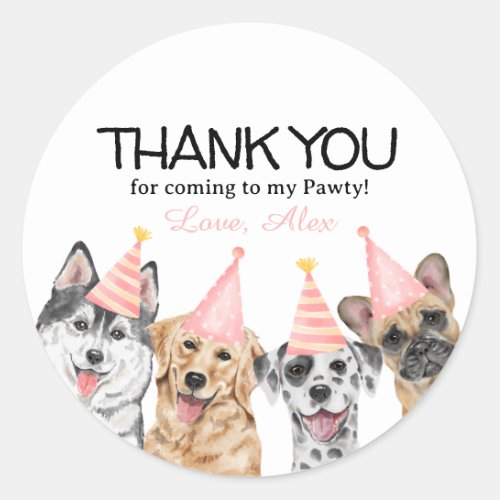 Pawty Puppy Dog Thank You Birthday Party favor  Classic Round Sticker