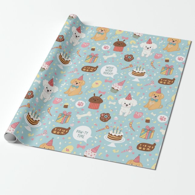 Pawty Time! Dog Birthday Wrapping Paper (Unrolled)