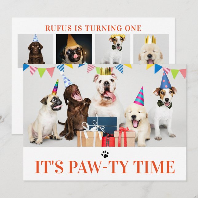 Pawty Time Dog Themed Birthday 5 Photo Card (Front/Back)
