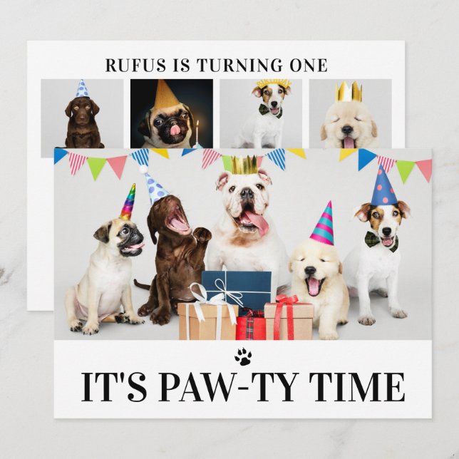 Pawty Time Dog Themed Birthday 5 Photo Card (Front/Back)