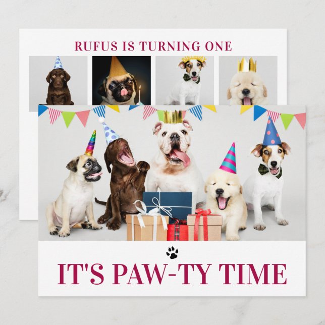 Pawty Time Dog Themed Birthday 5 Photo Card (Front/Back)
