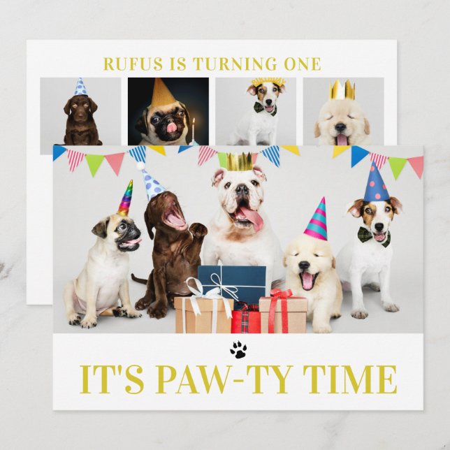Pawty Time Dog Themed Birthday 5 Photo Card (Front/Back)