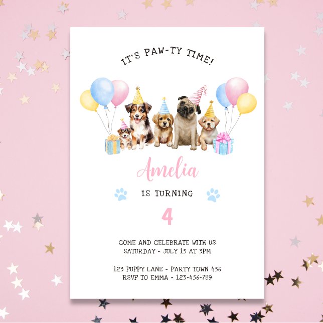 Pawty Time Puppy Dog Birthday Party Watercolor Inv Invitation (Creator Uploaded)