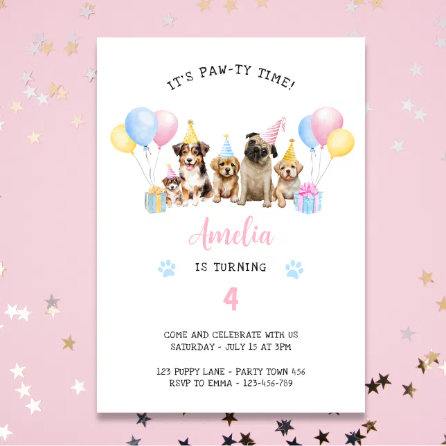 Pawty Time Puppy Dog Birthday Party Watercolor Inv Invitation | Zazzle