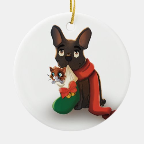 Pax carrying Huey in a Christmas stocking Ornament