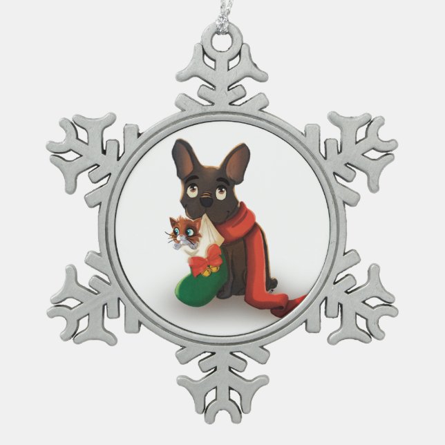 Pax carrying Huey in Christmas Stocking Snowflake Snowflake Pewter Christmas Ornament (Front)