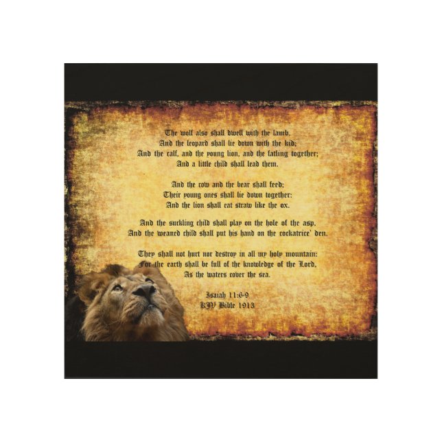 Pax Christos, Lion with Isaiah 11:6-9 Wood Wall Art (Front)