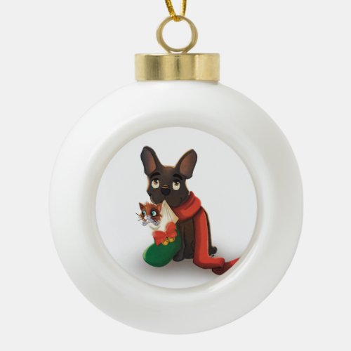 Pax holding Huey in a Christmas Stocking Ceramic Ball Christmas Ornament