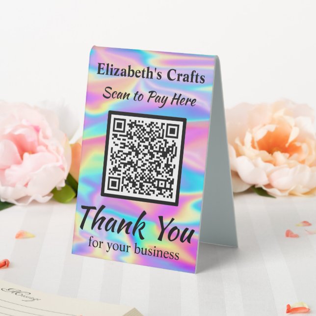 Pay Here QR Code Iridescent Rainbow Hologram Table Tent (In SItu (Wedding))