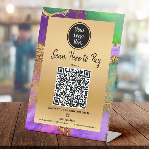 Pay Here QR Code Logo Gold Purple Green Marble Pedestal Sign