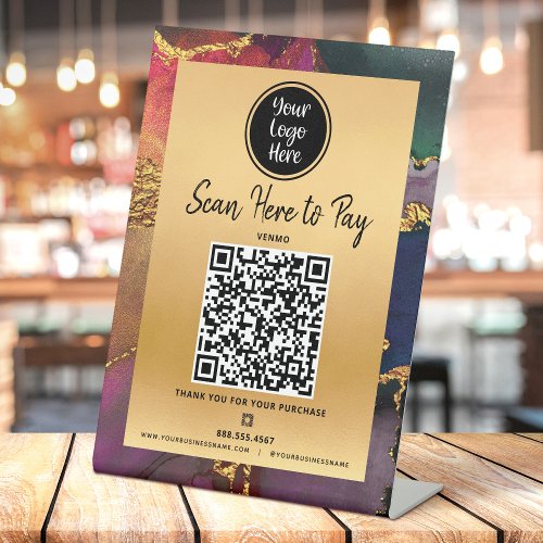 Pay Here QR Code Logo Gold Purple Navy Marble Pedestal Sign