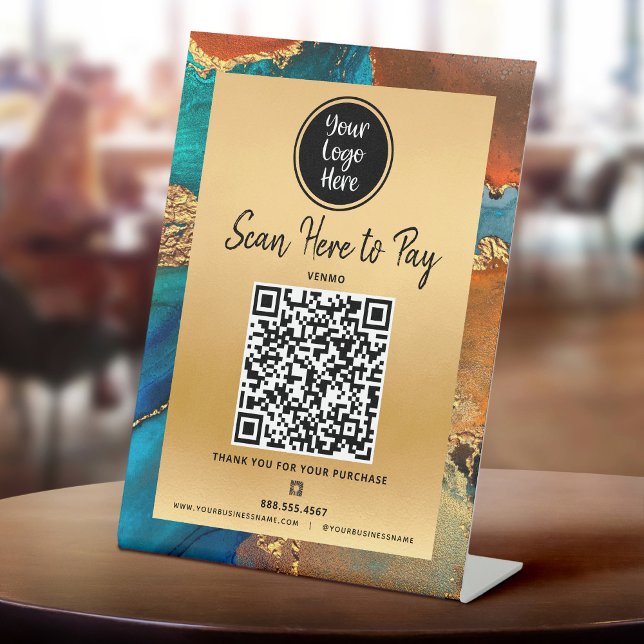 Pay Here QR Code Logo Gold Turquoise Orange Agate Pedestal Sign (Creator Uploaded)