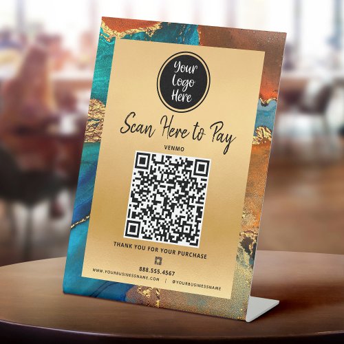 Pay Here QR Code Logo Gold Turquoise Orange Marble Pedestal Sign