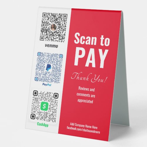 Pay Here QR Venmo PayPal Table Tent Sign