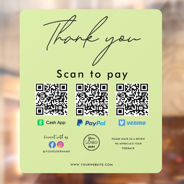 Paypal Cash App Venmo QR Code Logo Thank you Window Cling (Sheet 2)