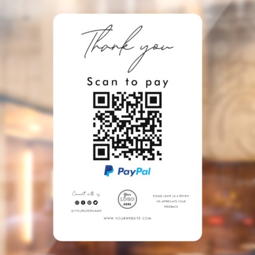 Paypal QR Code Logo Scan to Pay Thank you Window Cling