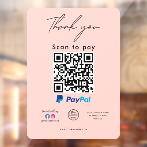 Paypal QR Code Logo Thank you Scan to Pay Window Cling