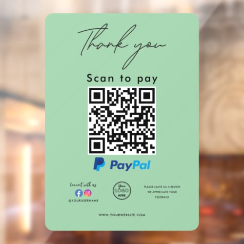 Paypal QR Code Logo Thank you Scan to Pay Window Cling