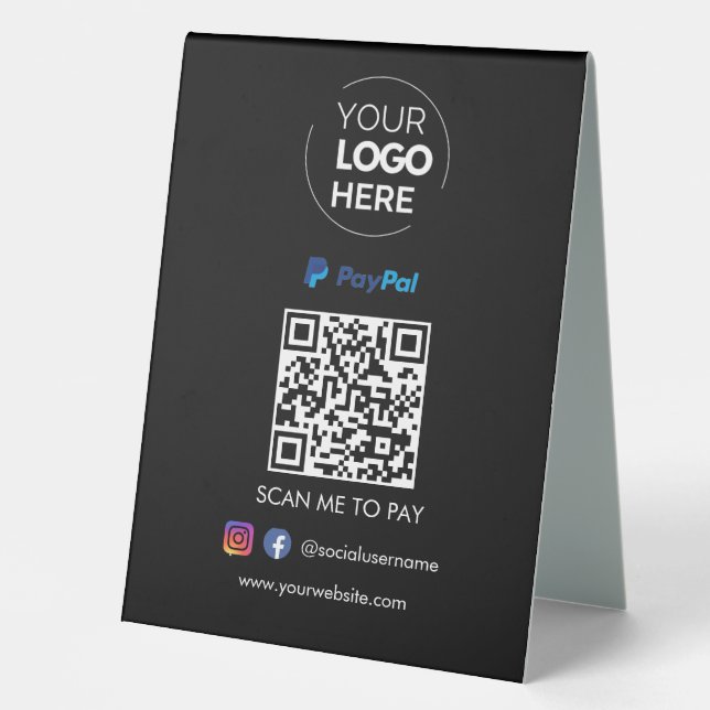 Paypal QR Code Payment | Scan to Pay Black Table Tent (Front)